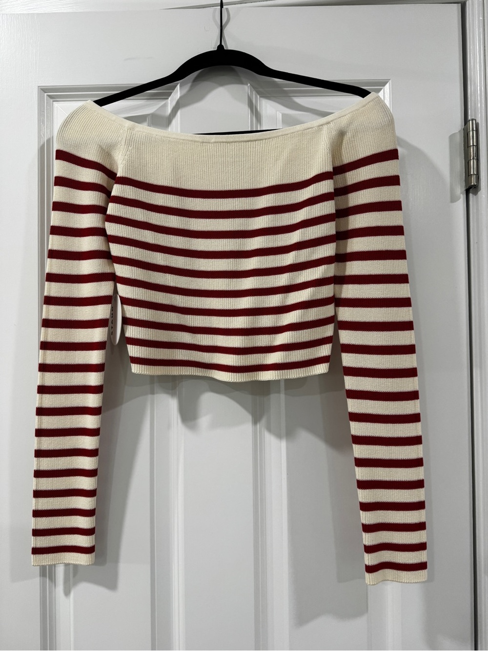 STAUD Cream and Red Striped Off-Shoulder Crop Top